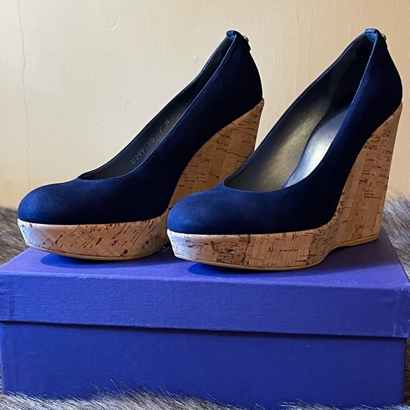 NIB Stuart Weitzman Corkswoon Blue Suede Platform Wedges Size 7 - Picture 3 of 14